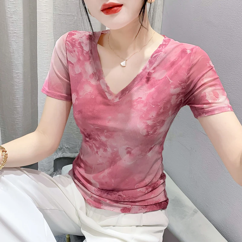 

2023 Summer Fashion Mesh Short Sleeve T-shirt Rund Neck Slim Fit Tops Women's Clothing Ropa De Mujer Vintage Korea printing Tees