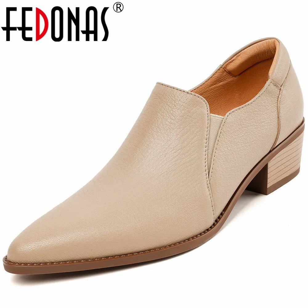 

FEDONAS Basic Women Pumps Spring Summer Genuine Leather Pointed Toe Thick Heels Retro Office Ladies Working Shoes Woman Mature