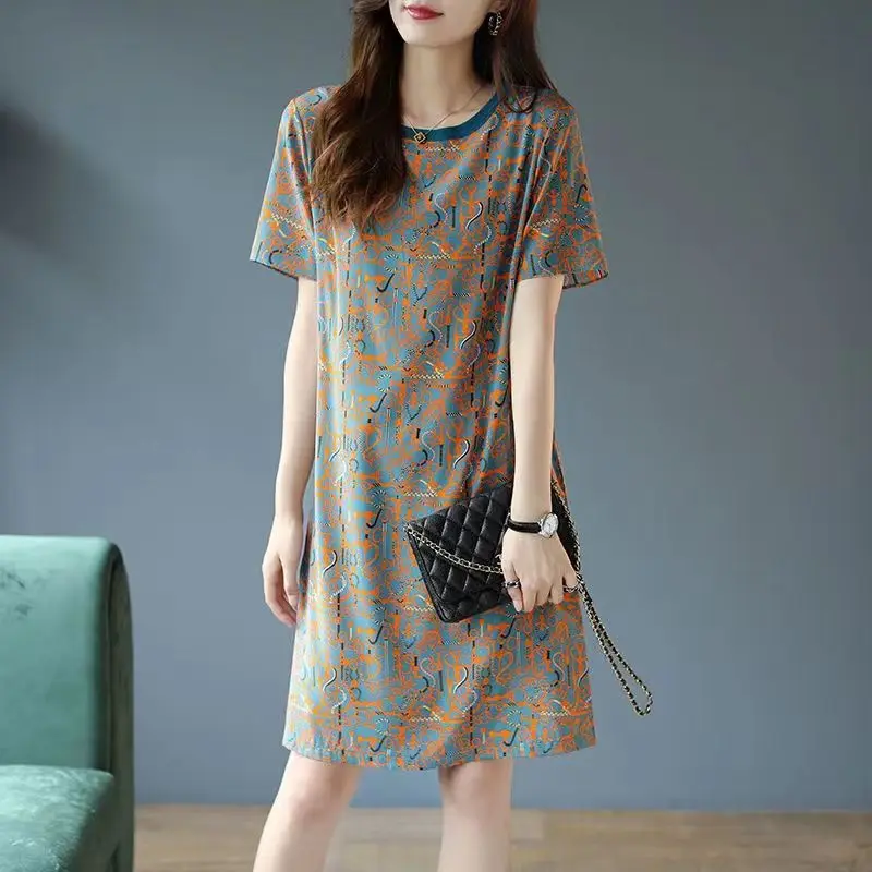 

Fashion Printed O-Neck Short Sleeve Casual Dresses Women's Clothing 2023 Summer New Loose Floral Dress