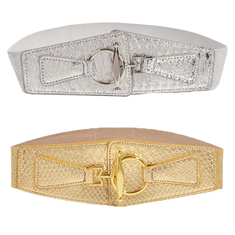 

Women Corset with Alloy Buckle Metallic Faux Leather Wide Waist Belt for Dress