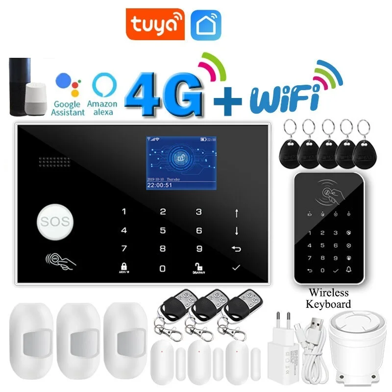 

2024 Tuya WiFi GSM Alarm System 4G Or 2G Smart Home Burglar Security Alarm Kit 433MHz TFT Screen RFID Touch Keyboard APP Control