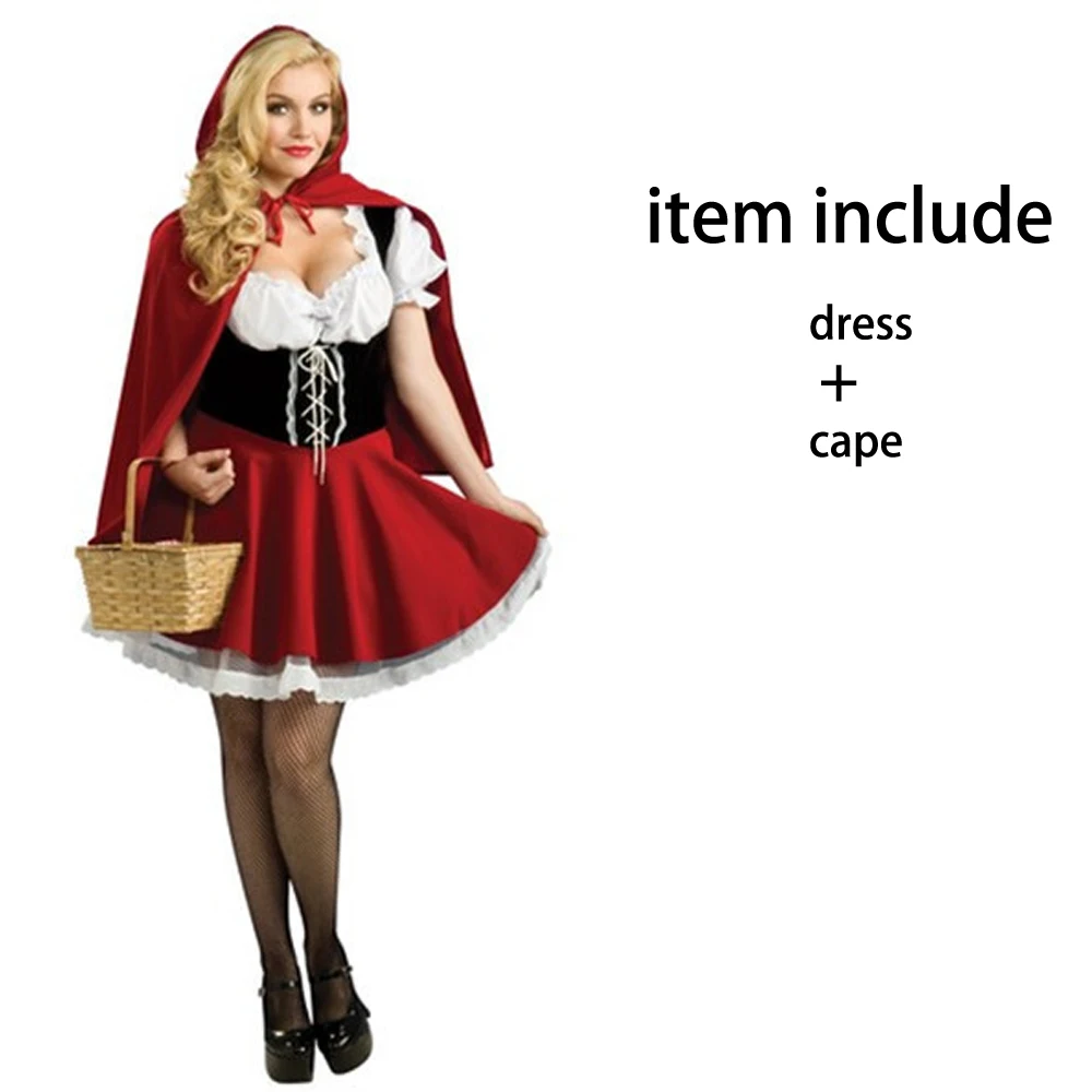 2018 Little Red Riding Hood Outfit Costume Adult Women Halloween Cosplay Fancy Dress Hen Party Dress Cape Set Outfit