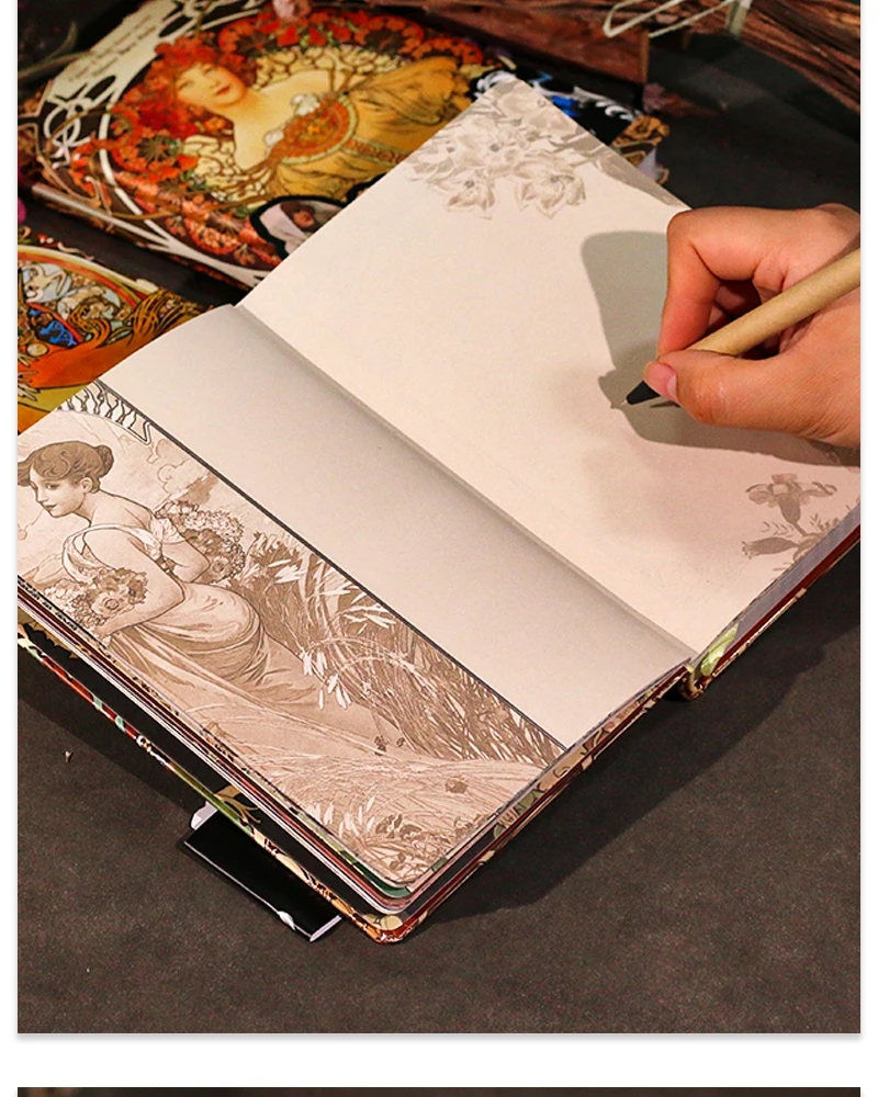 Mucha's Famous Painting Series Retro-Hardcover-Notizbücher, klassisches Design, farbige Seite, Illustration, B6-Tagebuch, Studenten-Notizblock – Detail 5