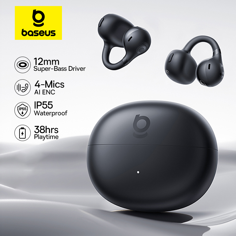  Baseus BC1 Ear Clip Earbuds Open Ear Wireless Earphones Bluetooth 6.0 Clip On Sports Headphones 4-Mics Super Bass IP55 Ear buds 