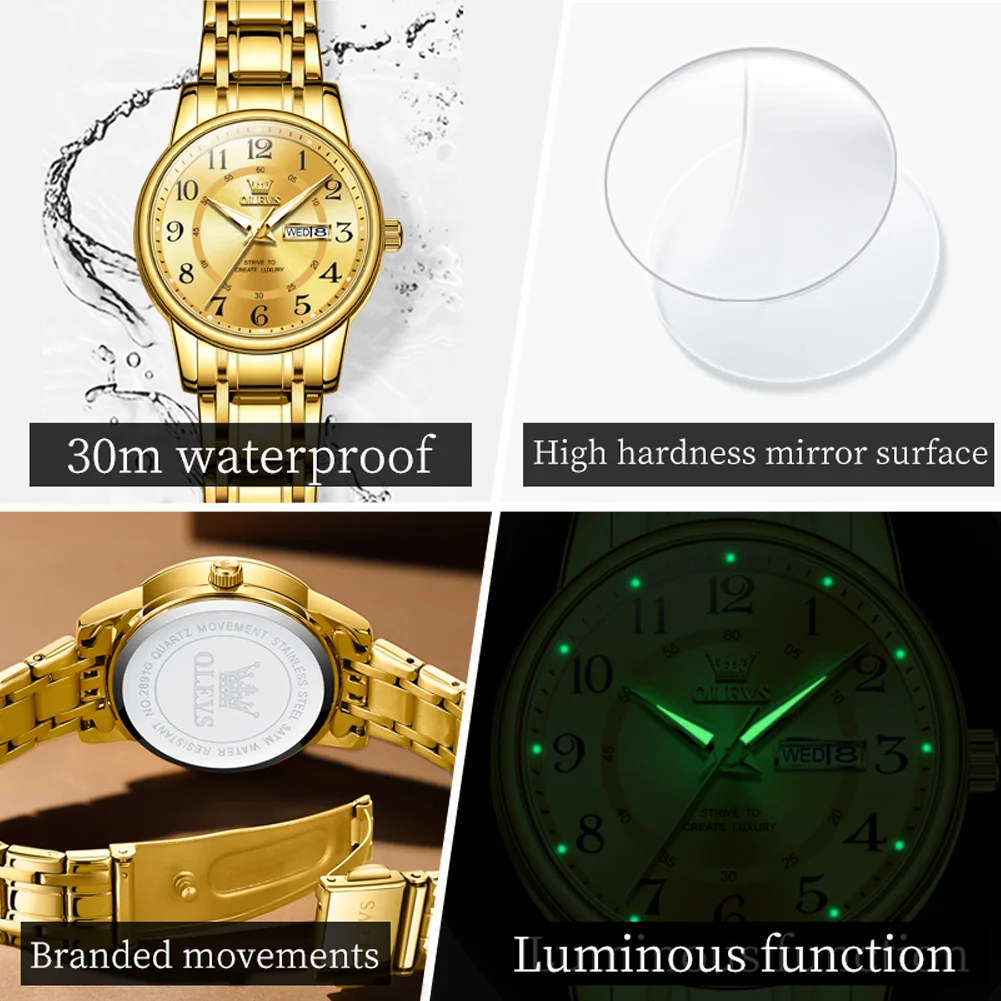 Luxury Business Golden Quartz Watch for Women Numeral Scales 30M Water Resistance Calendar Luminous Fashion Ladies Wristwatches