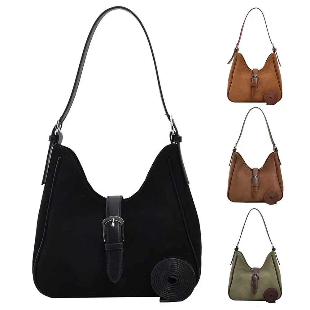 Women Suede Shoulder Bag Adjustable Strap Handbag with Zipper Solid Tote Bag for Work Travel