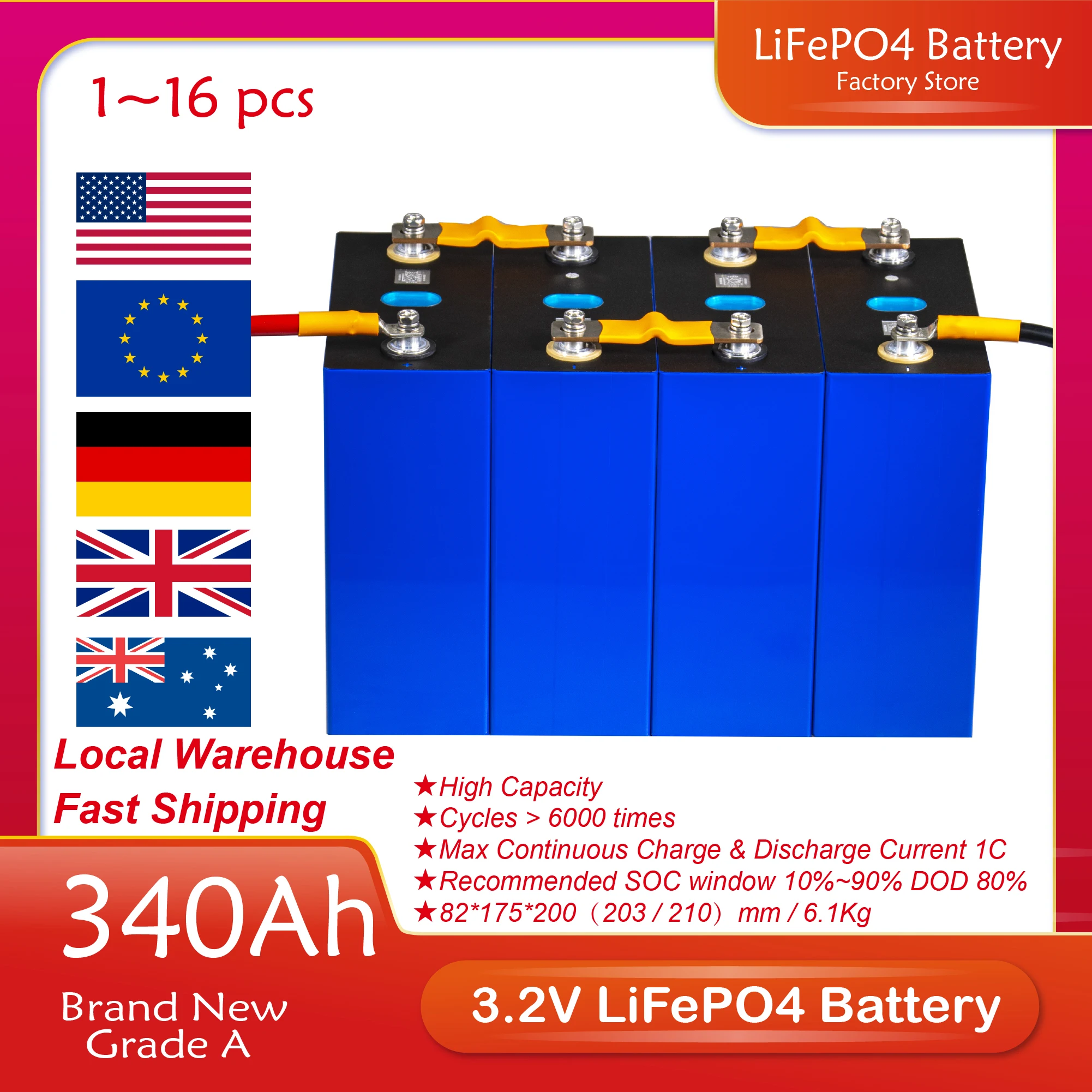 

3.2V 340Ah 280Ah LiFePO4 Battery DIY 12V 24V 300Ah 320Ah Lithium Iron Phosphate Batteries Pack For Motorcycle Electric Car Solar