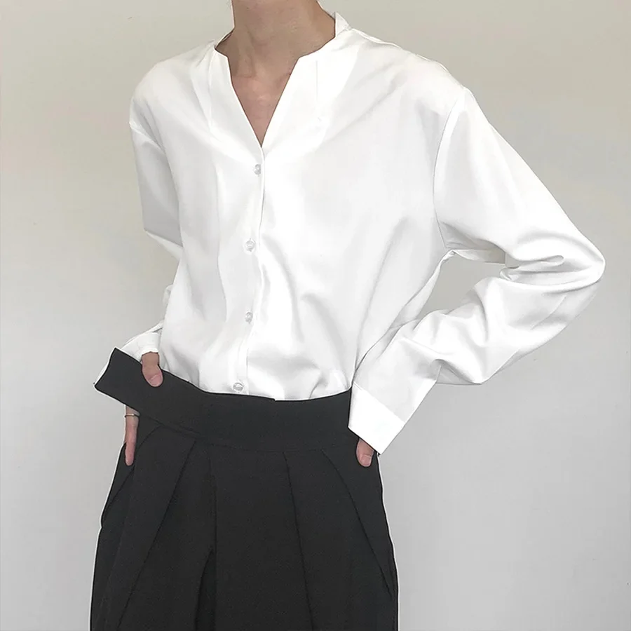 Spring Autumn Men Shirt Casual Loose Long Sleeve V-Neck  Shirts Streetwear Vintage Fashion Blouses Office Daily Clothing