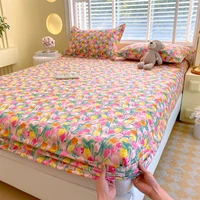2025 New All-cotton Single Bedding Printed Tulip Bedspread Skin-friendly Breathable Mattress Cover 360 Degree Wrap with Elastic 1