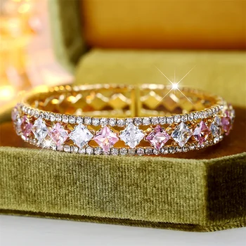 Pink Crystal White Zircon Square Stone Bangle Bracelets For Women Vintage Gold Color Fashion Rhinestone Bracelet Wedding Jewelry