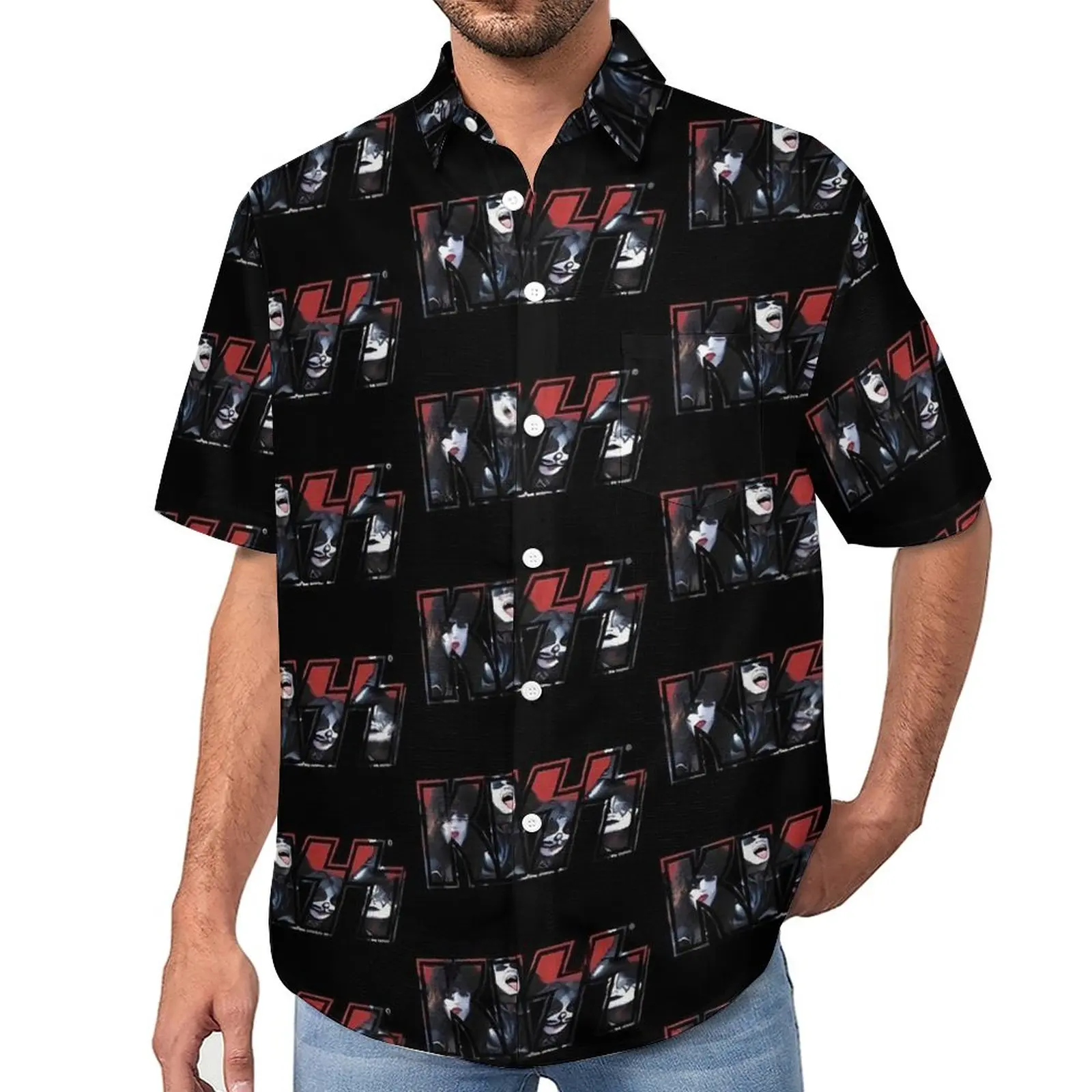 

Kiss Band Loose Shirt Mens Vacation Red Band Logo Casual Shirts Hawaiian Graphic Short Sleeves Street Style Oversized Blouses