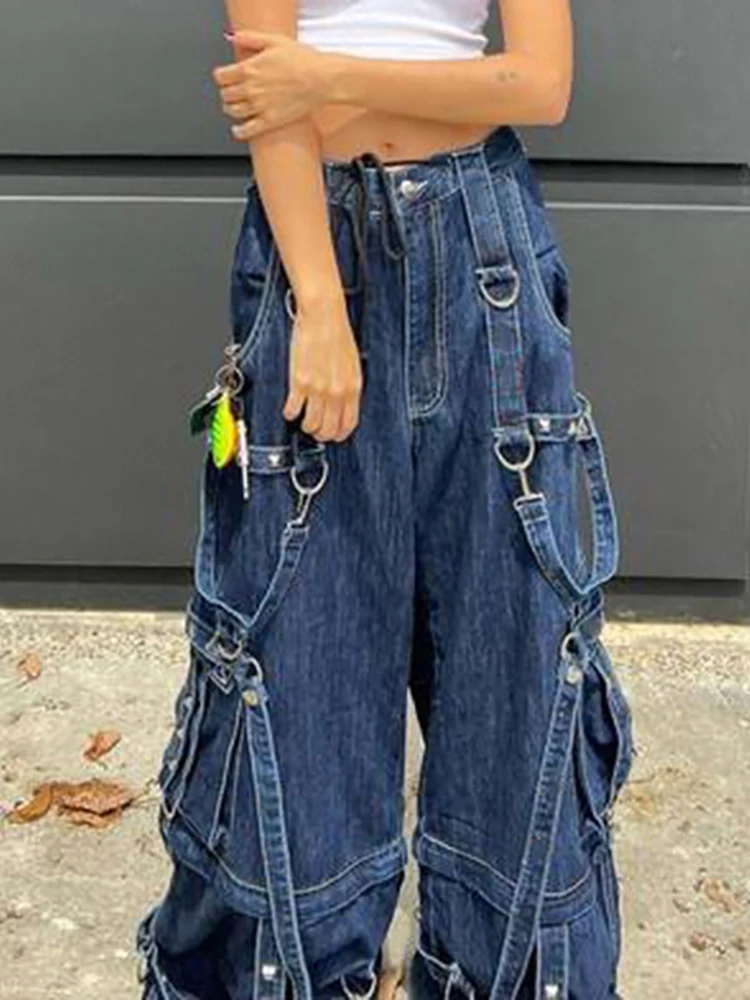 Jeans Folgados Goth Dark Cyber Y2k Punk Wide Leg Techwe