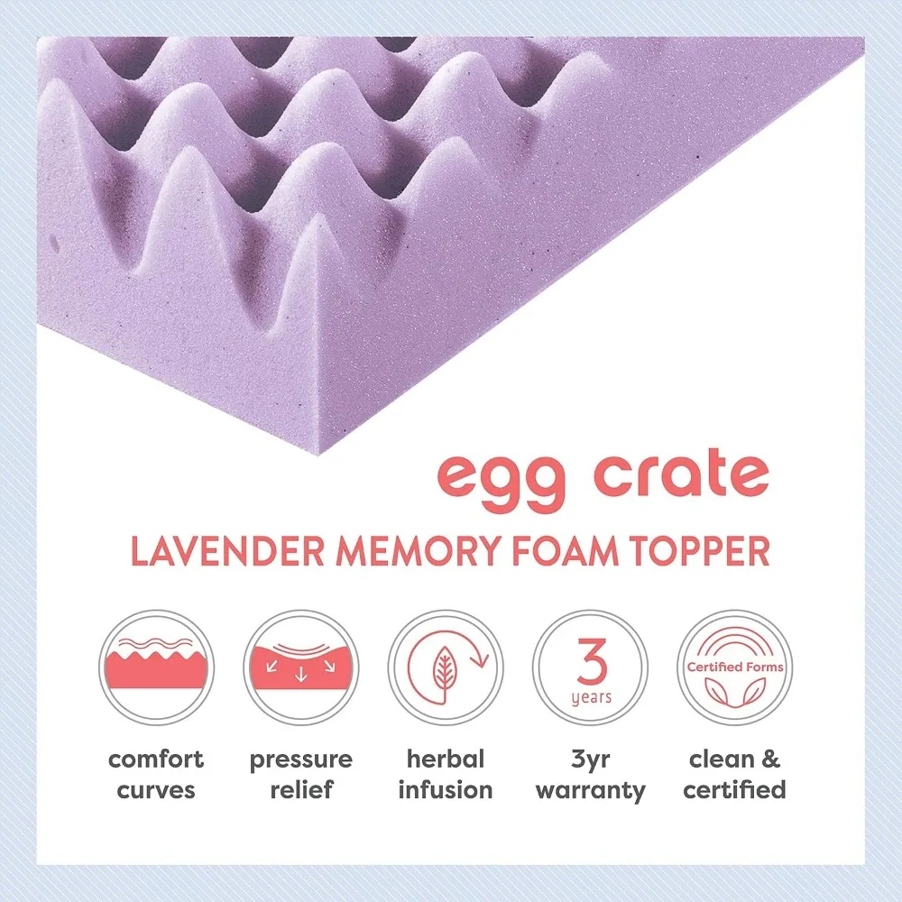 4 Inch Egg Crate Memory Foam Mattress Topper with Soothing Lavender Infusion, CertiPUR-US Certified, Queen 6