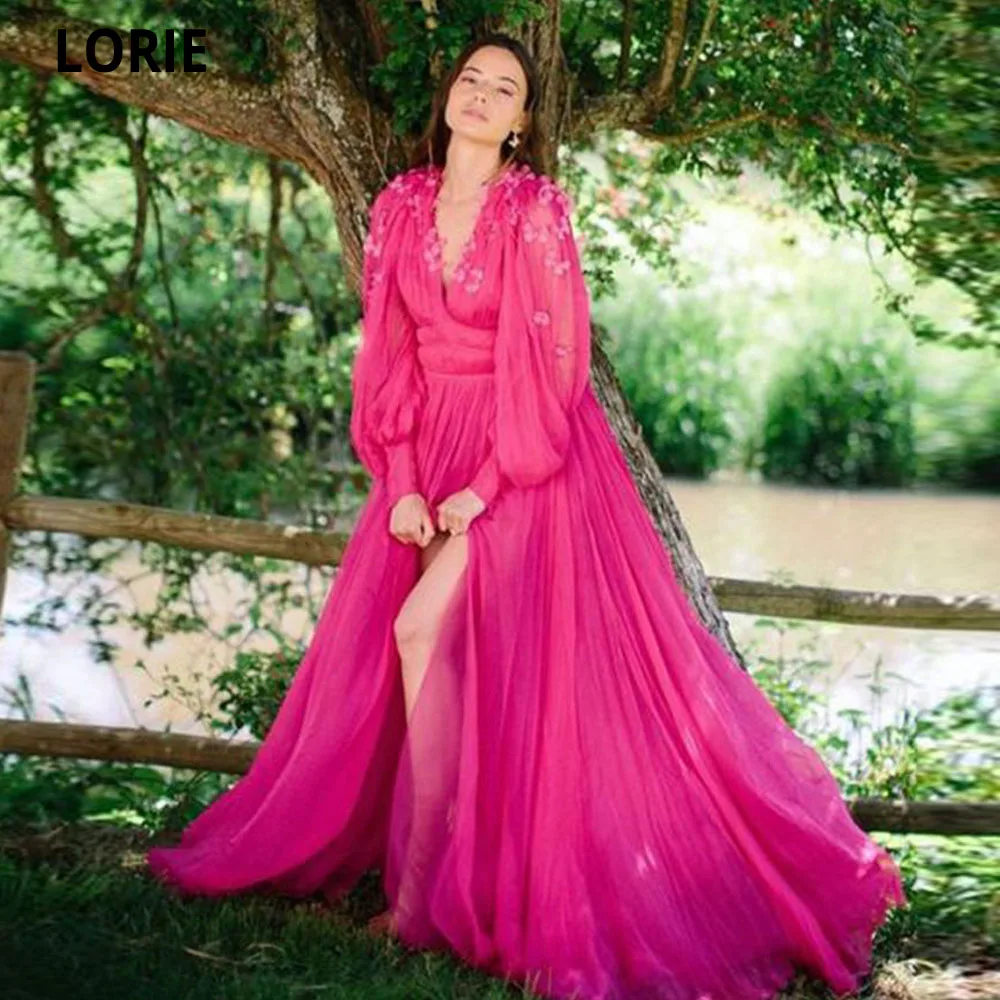 

LORIE 2022 Pink Pleated Tulle Beach Prom Dresses 3D Flowers Side Split Party Dresses Floor Length Evening Gowns Robes De Soirée