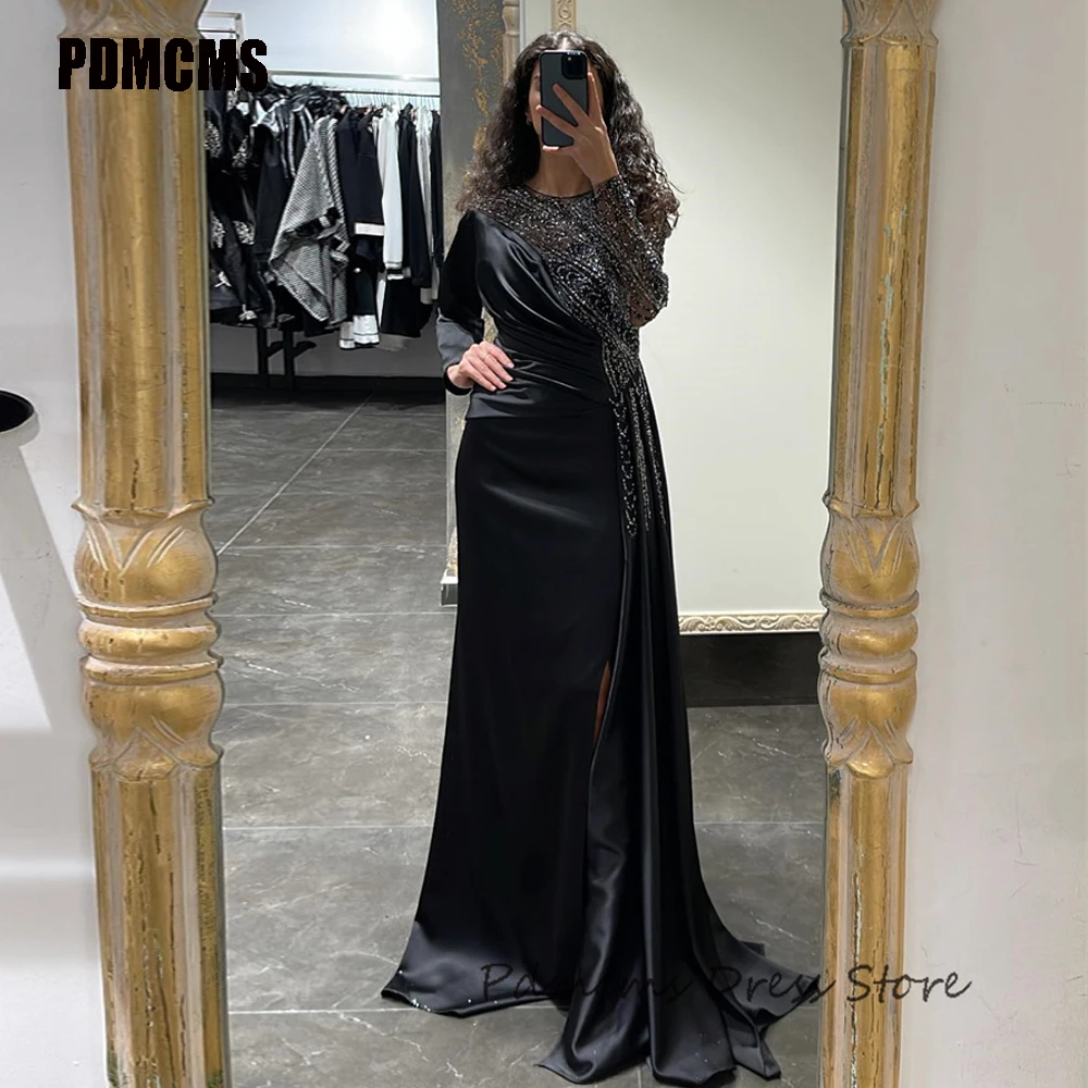 

PDMCMS Ladies Dresses for Special Occasions O-Neck Appliques Sequined Long Sleeves Black Mermaid Prom Party Evening Gowns abiye