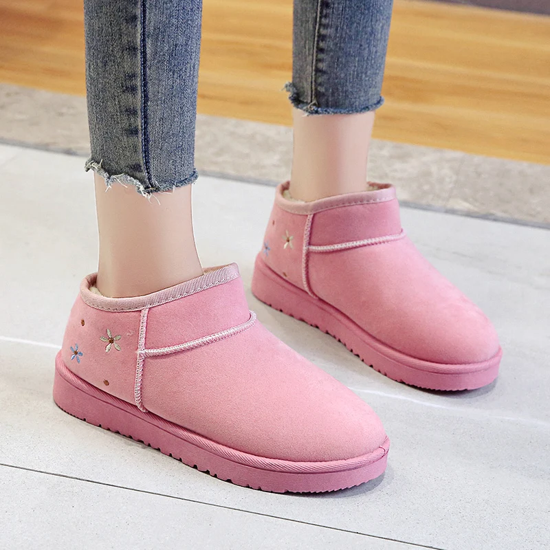 Shoes for Women 2023 Hot Sale Winter Plush Warm Slip on Mid-Calf Women's Boots Solid Color Round Toe Flock Low-heeled Snow Boots