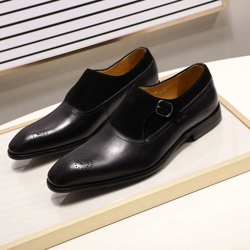 

Classic Gentleman Monk Strap Dress Shoes Genuine Leather With Suede Luxury Pointed Toe Buckle Men's Suit Shoes Casual Business