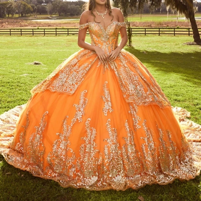yellow gold quinceanera dresses Champagne Quinceanera Dresses Ball Gown Gold Lace Applique Beading Mexican Corse