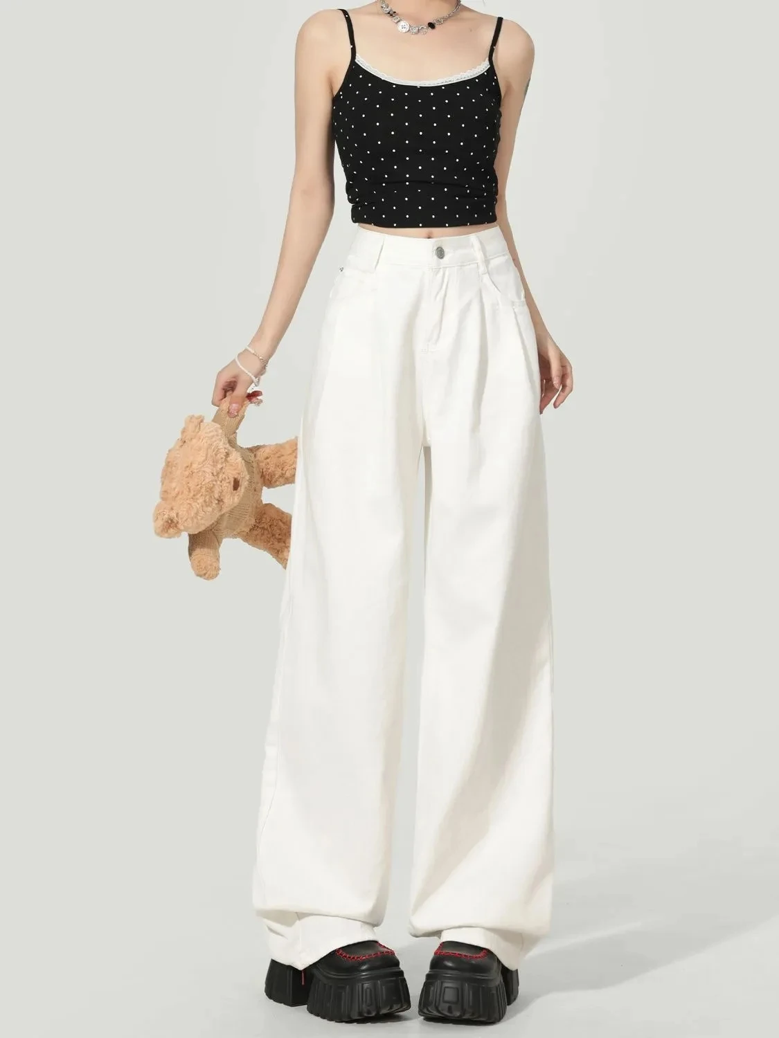Y2K Korean Style Women's White High Waisted Wide Leg Jeans 2026 Spring Summer New Pleated Design Draped Casual Pants Streetwear 5