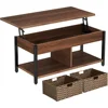 Lift Top Coffee Table with Hidden Storage Compartment and 2 Rattan Baskets, 41.7" Retro Central Table with Wooden Lift Tabletop 1