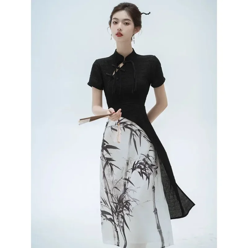 

Vintage Black Ink Painting Spliced Short Sleeved Cheongsam Dress for Women Summer Modern Chinese Style Dress Qipao Tea Clothes