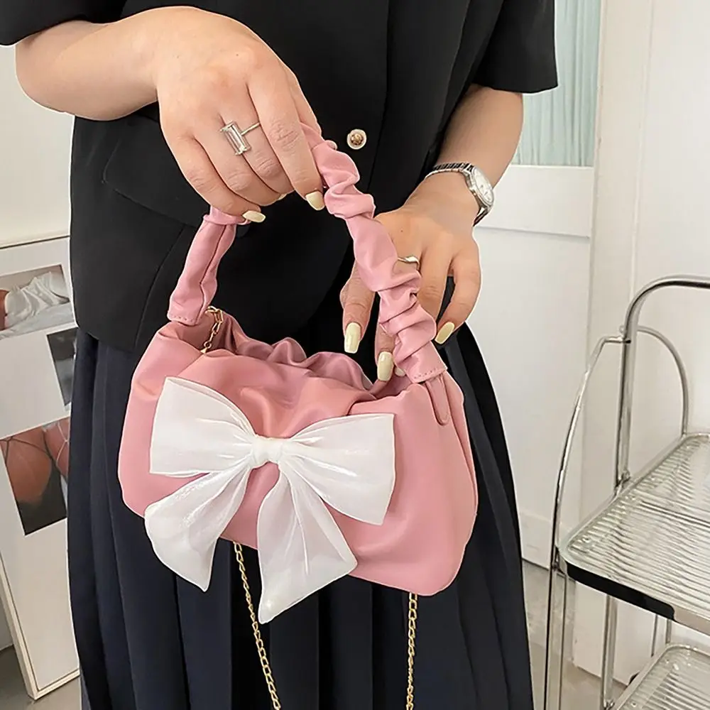 

Pleated Handle Underarm Bag Vintage Chain PU Leather Shoulder Bag All-match Big Mesh Bow Handbag Women Girls