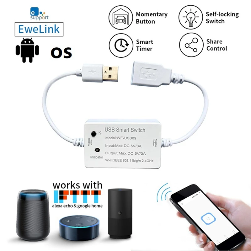 

Ewelink USB Smart Switch WIFI Controller Universal Breaker Timer Smart Life For USB Appliances For Alexa Google Home, White 1PCS