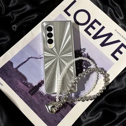 Luxury Laser Aurora Silver Gradient Case with Feather Pattern and Chain Attachment - Hard Acrylic PC Cover for Samsung Z Fold 8 (JG SL)