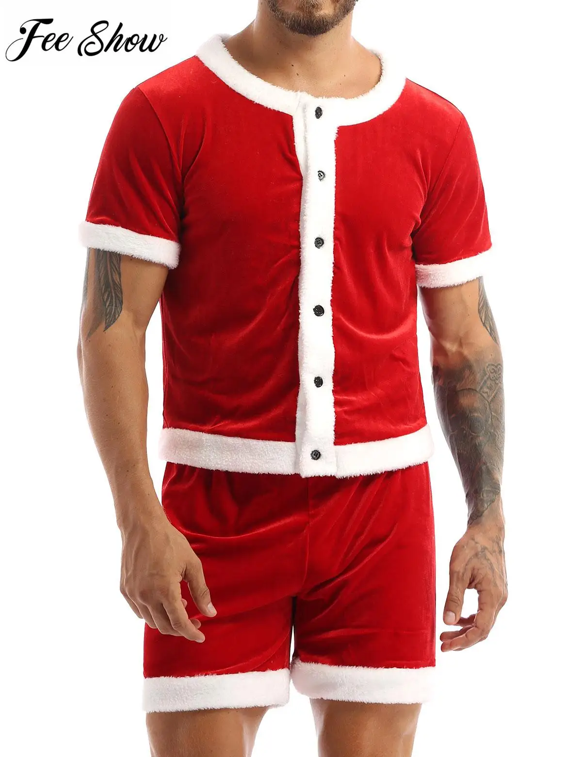 Men Soft Velvet Christmas Party Costume Fancy Dress Outfit Round Neck Short Sleeve Button Down Top and Shorts