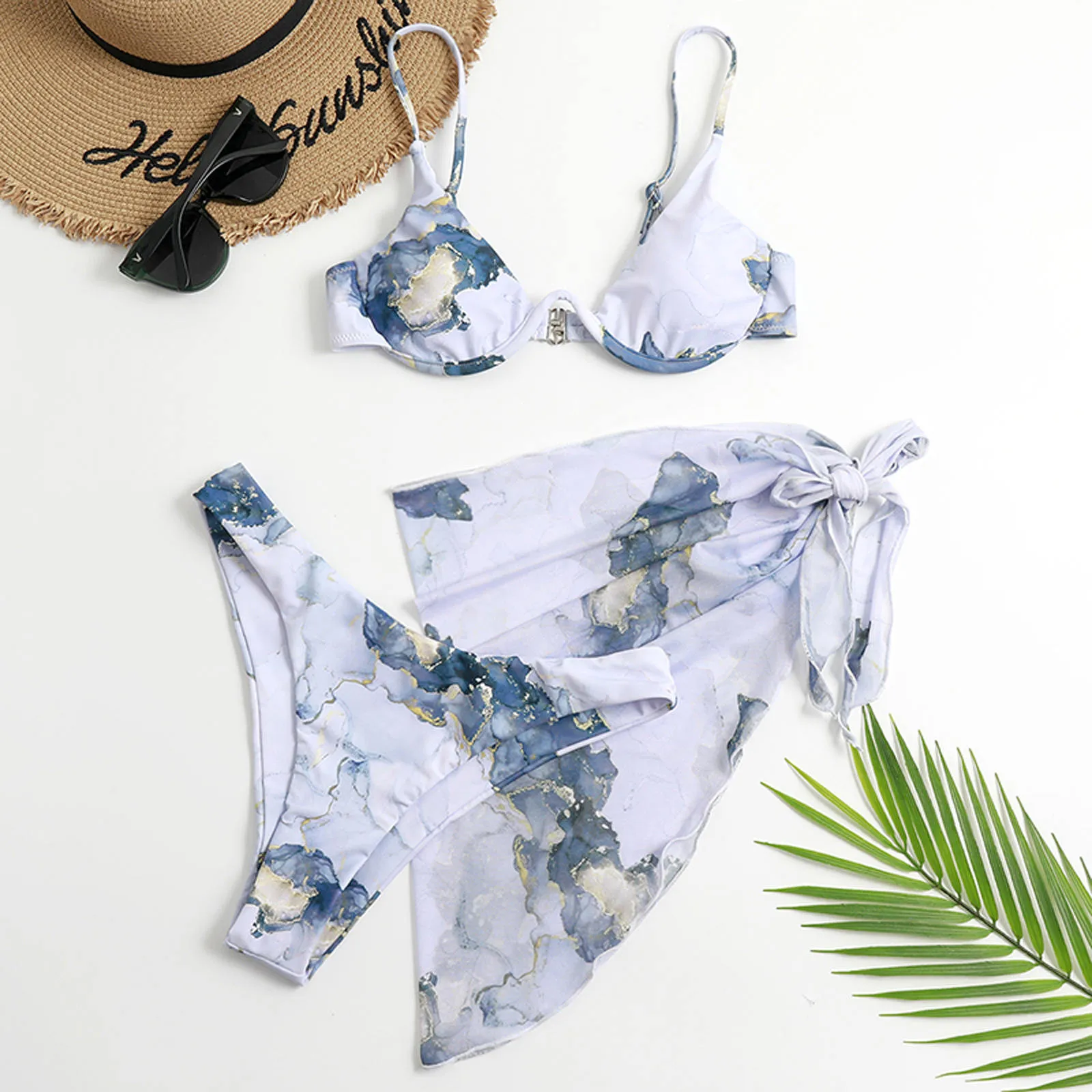 

Women Swimsuit Tie-Dye Chiffon Three Pieces Set Sexy Bikini Printed Split Swimwears Female Summer Biquinis Swimwear Tankinis