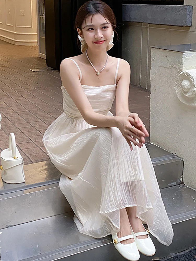 

Женское плиссированное платье макси, белое элегантное винтажное платье на бретельках в Корейском стиле, элегантное облегающее платье для отдыха, Новинка лета 2023