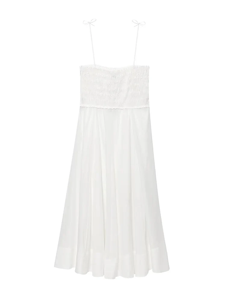 TFMLN Women Bow Tie Lace Up Dress Fashion Strap Folds Elastic High Waist Solid Color Temperament Summer New Holiday Style Dress