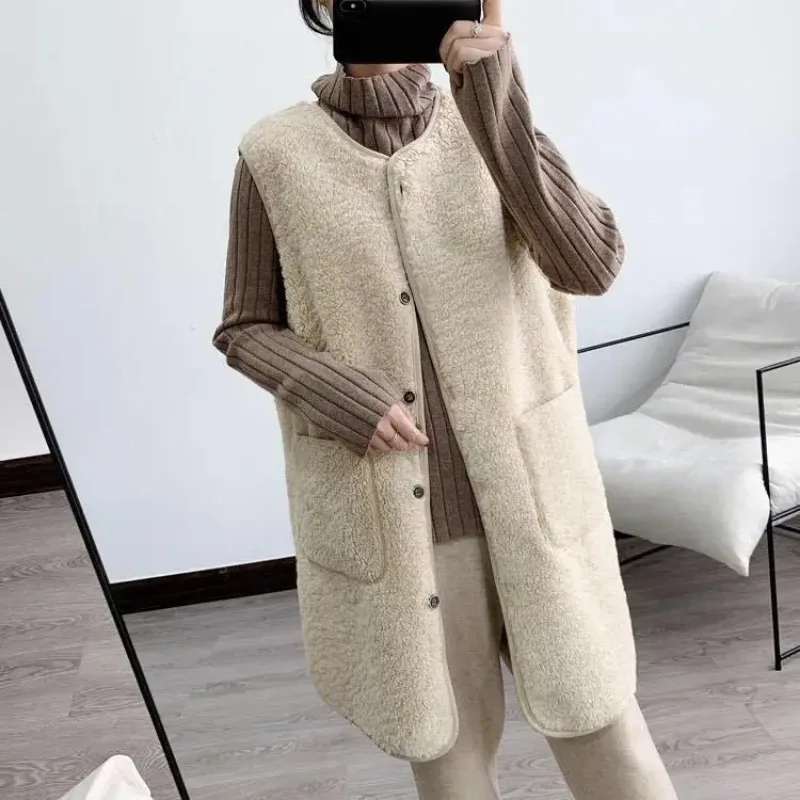 Women Winter Vest Waistcoats Single-breasted Pocket Leisure All-match Female Fashion Elegant Sleeveless Chic Lambswool Waistcoat