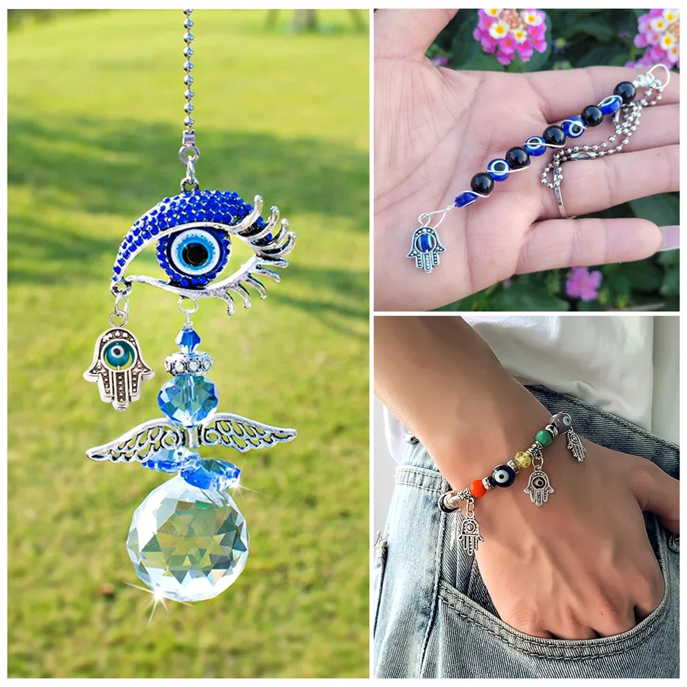 100pcs Antique Hamsa Charms Tibetan Style Miriam Hand Alloy Pendant Colorful Evil Eye Bead Charms for DIY Jewelry Craft Making