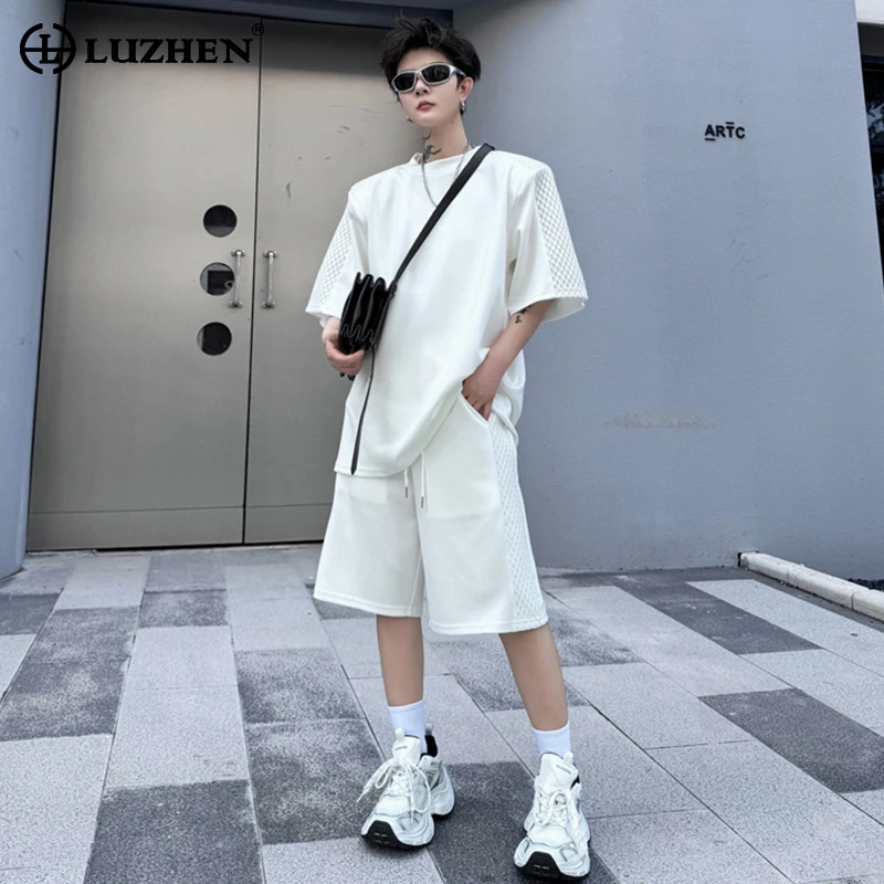 

LUZHEN Mesh Splicing Design Stylish Short Sleeved T Shirts Two-piece Sets Fashion Handsome Korean Men's Straight Shorts LZ3418