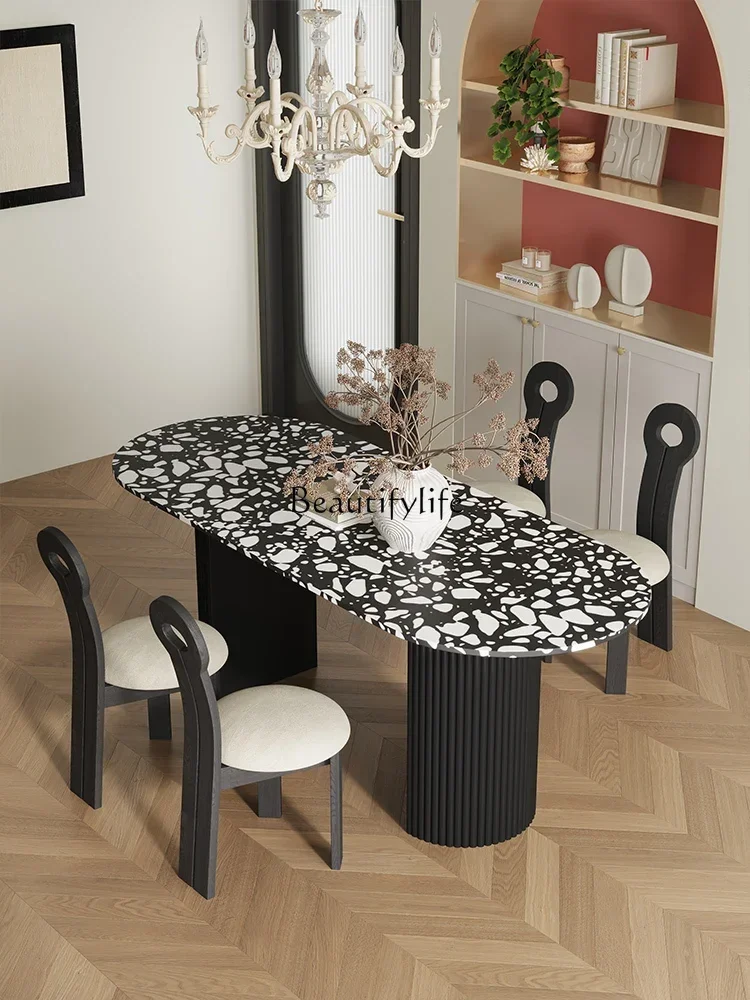 

French Retro Marble Terrazzo Dining Table Household Solid Wood Light Luxury Dining Table