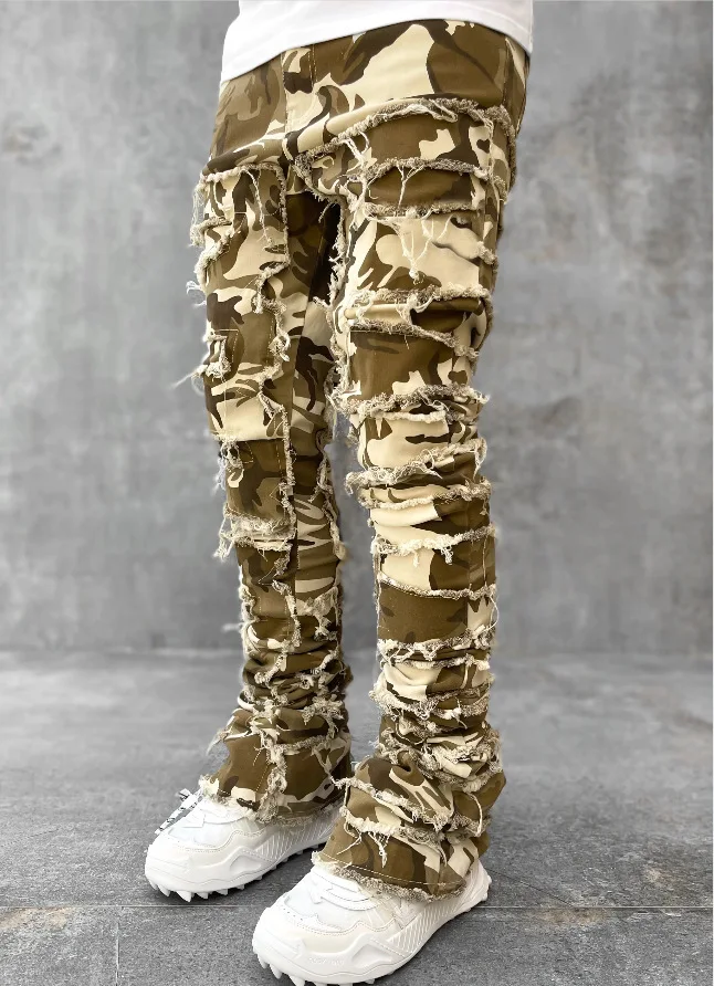 Spliced Distressed Denim Pants Men Jeans Ripped Mid Waist Pockets High Street Jean Skinny Washed Ankle Length Pencil Pants