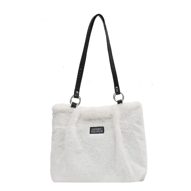 Large Capacity Tote Shopping Bag Winter Plush Shoulder Bag Cute Messenger Bag Cartoon Cow Pattern Women Handbags