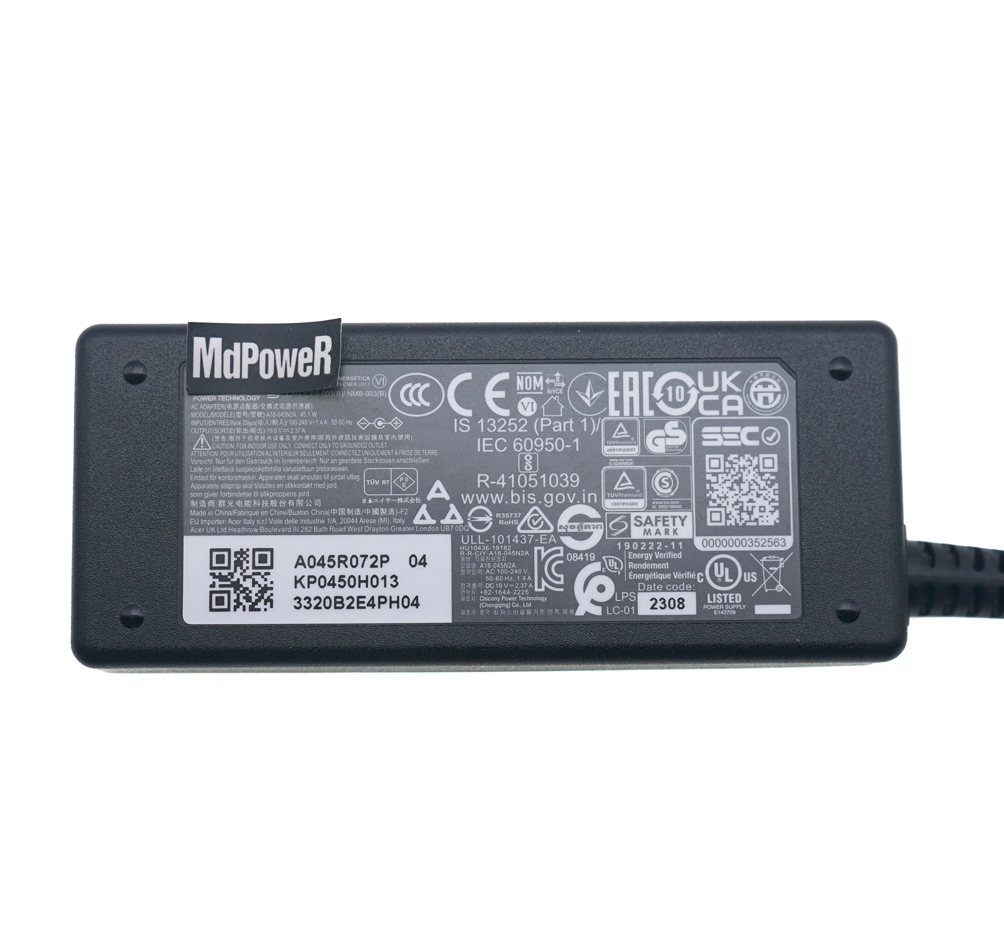 Acer 전원 공급 장치 PA-1450-26 A13-045N2A 용 Chicony A18-045N2A A045R072P 19V 2.37A 45W 3.0x1.0mm 노트북 AC 어댑터