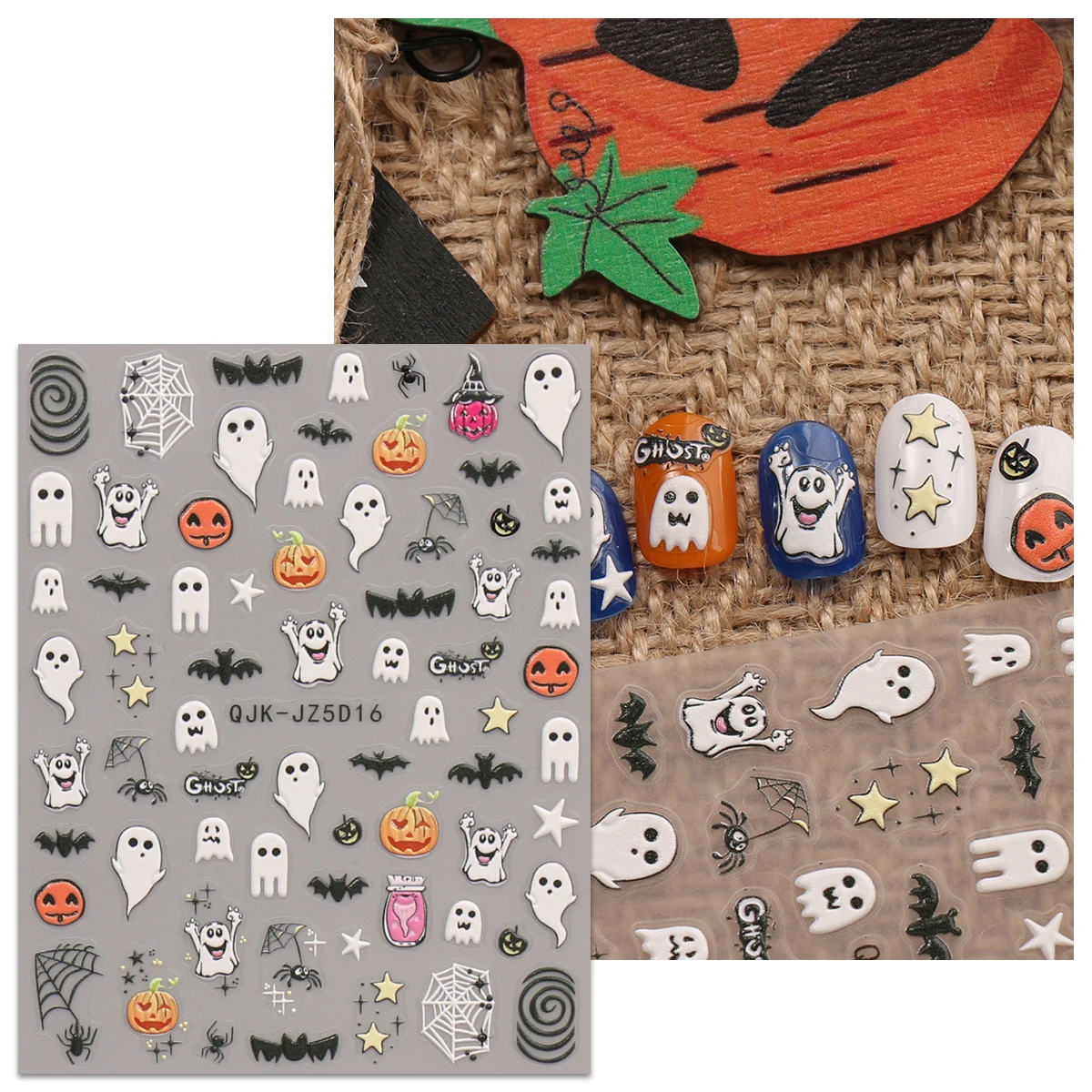 Day of the Dead Halloween 5D Relief Nail Stickers – Spooky Ghost and Pumpkin Designs
