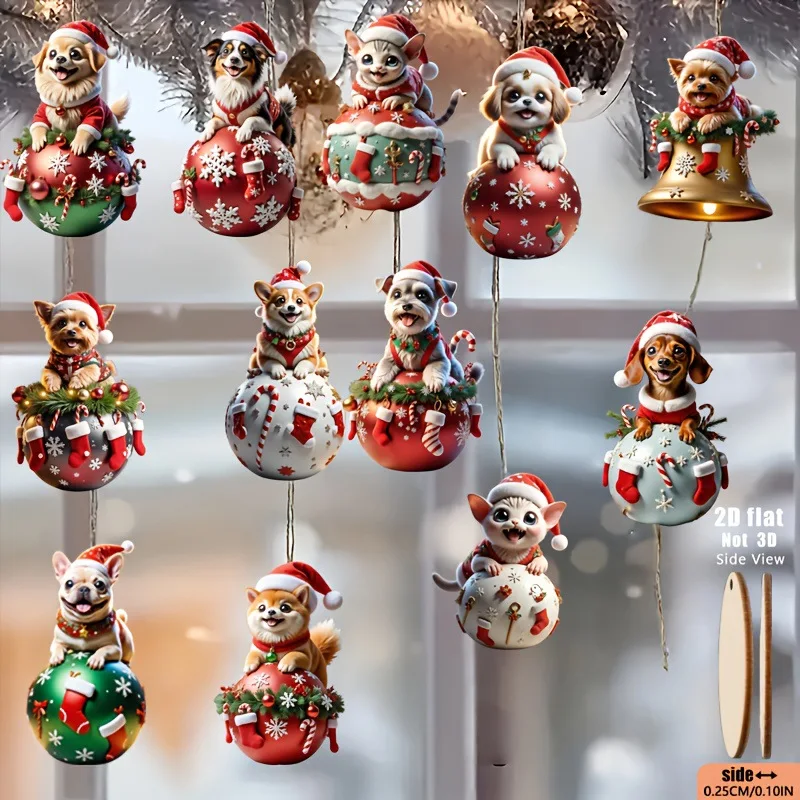 Cloche plate 2D pour chien, 12 pièces, pendentif d'arbre de noël en bois, décoration de fête à thème pour animaux de compagnie, fournitures de fête de noël à domicile, cadeaux de vacances