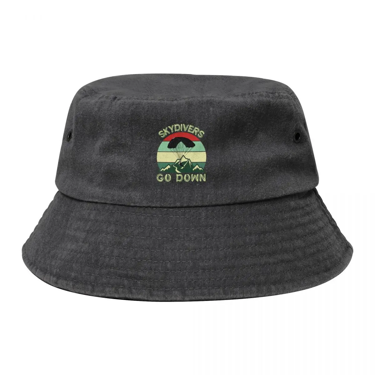 

Skydivers go down - vintage style Bucket Hat black Wild Ball Hat summer hat Designer Man Women's