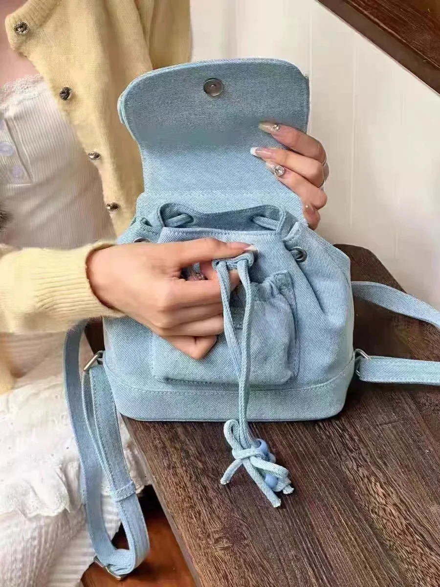 JIAERDI Sweet Bow Denim Backpacks Women New Retro Travel Harajuku Pocket Mini Backpack Student Vintage Y2k Mochila Aesthetic