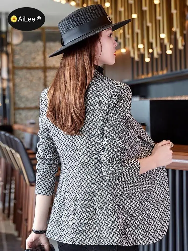 Winter Women Houndstooth Jacke Fashion Plaid Long Sleeve Blazer Lady Office Elegant Ladies Business Single Button Suit Outerwear