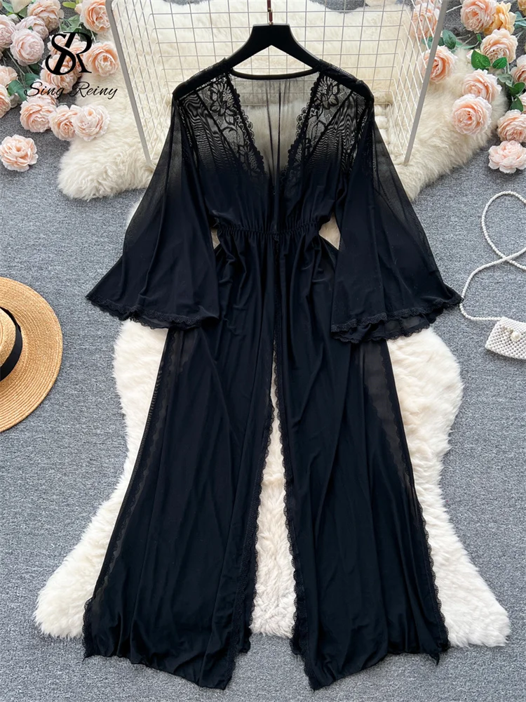 SINGREINY Sheer 에로틱 Shapewear 롱 드레스 프렌치 루즈 긴 소매 스플릿 Nightwer 2023 Women Sheer Mesh 섹시한 잠옷 가운