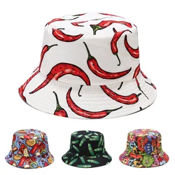 Vegetables Print Bucket Hats Women Men's Panama Hat Double-sided Foldable Summer Cap Hamburger Pepper Tomatoes Graffiti Sun Hat