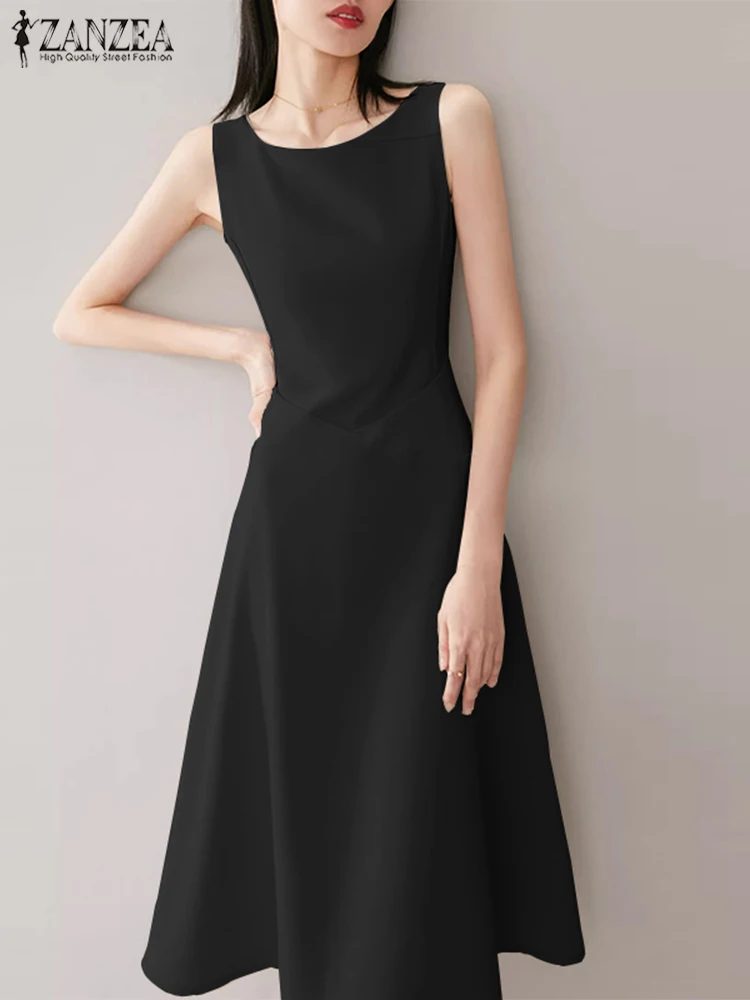 

Women Stylish Solid Midi Sundress Casual A-line Party Vestido Robe Femme 2023 ZANZEA Summer Elegant Sleeveless Work OL Dress