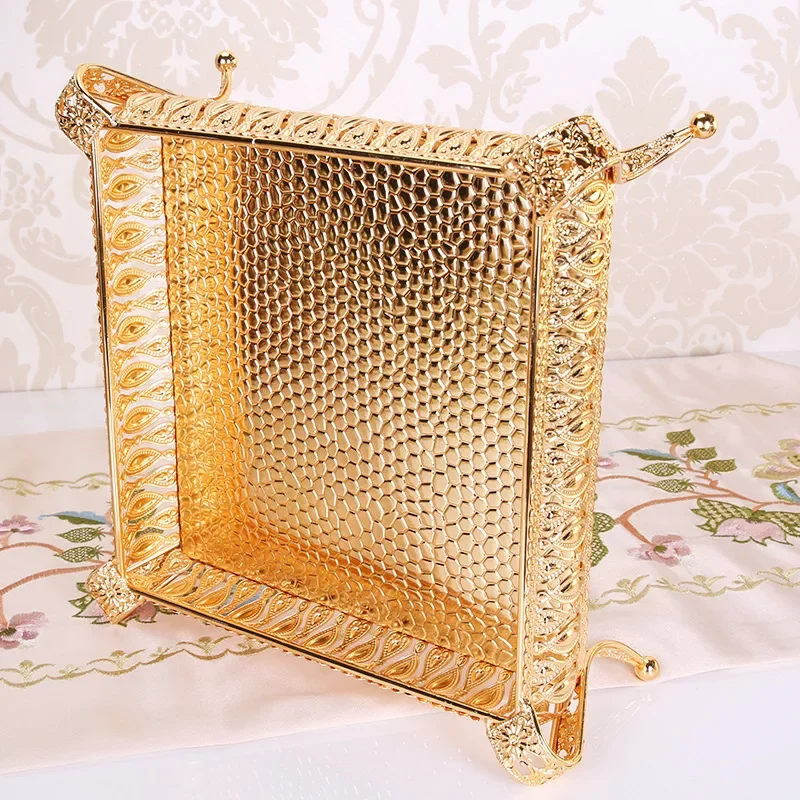 Creative Vintage Gold Fruit Tray Golden Round Square Fruit Plate Multi-Function Metal Snack Home Storage Plate Tablewear storage tray kitchen tray