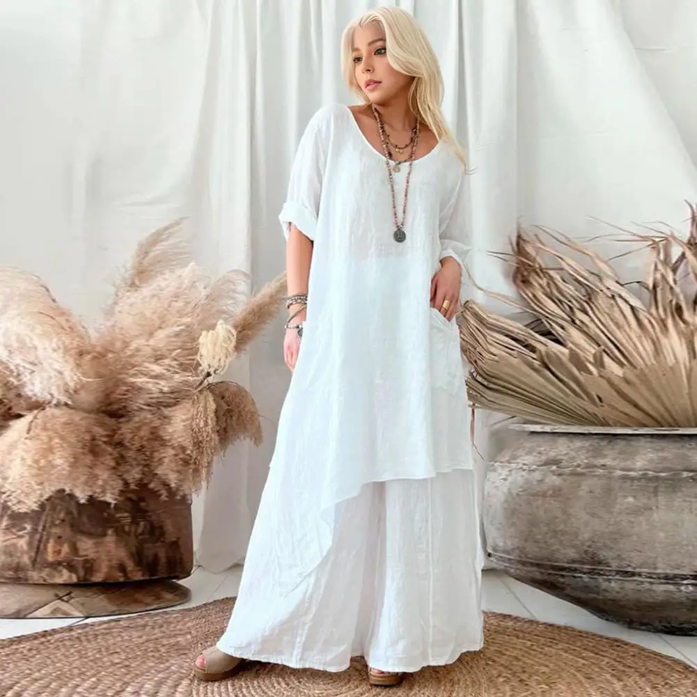 Autumn Summer Women's Skirt Irregular Hem Stitching Loose Long Sleeve Pocket O Collar Casual Daily Wear Long Dress