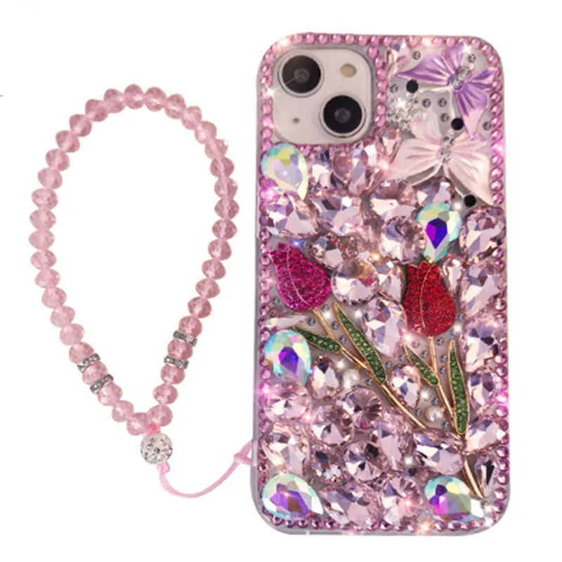 Luxury Bling Diamond Phone Case for iPhone 17 14 Pro Max Transparent Rhinestone Gir's Rose Cases for iPhone 12 13 16Pro Max 15 + 2